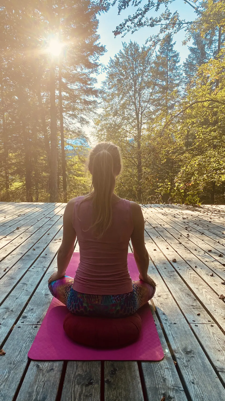 Adina Massong sitzt im Wald auf einer Yogamatte im warmen Sonnenlicht.